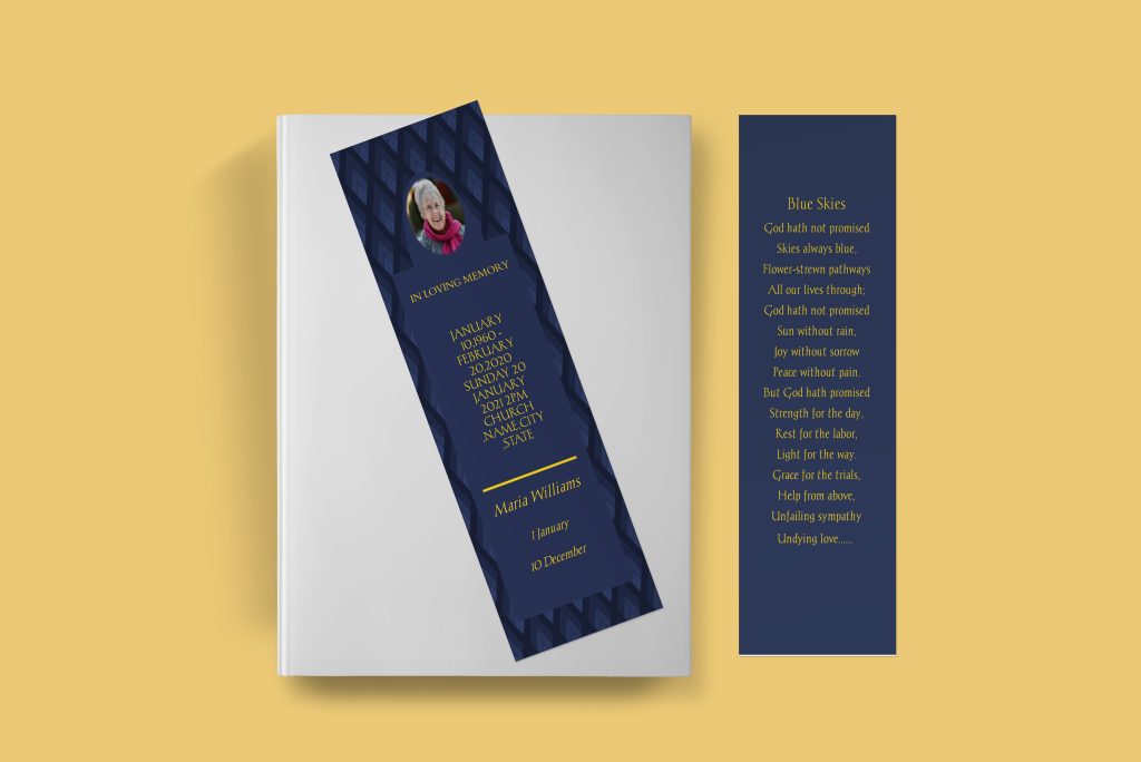 Blue & Yellow Manly Funeral Bookmark Template | QuickFuneral LLC