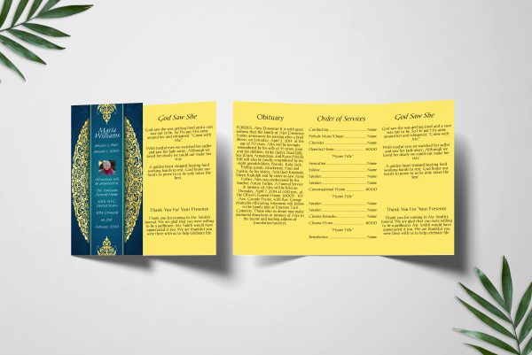Elegant Gold Blue Trifold Funeral Program Template front inner page