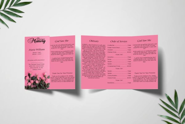 Blush Roses Trifold Funeral Program Template front inner page
