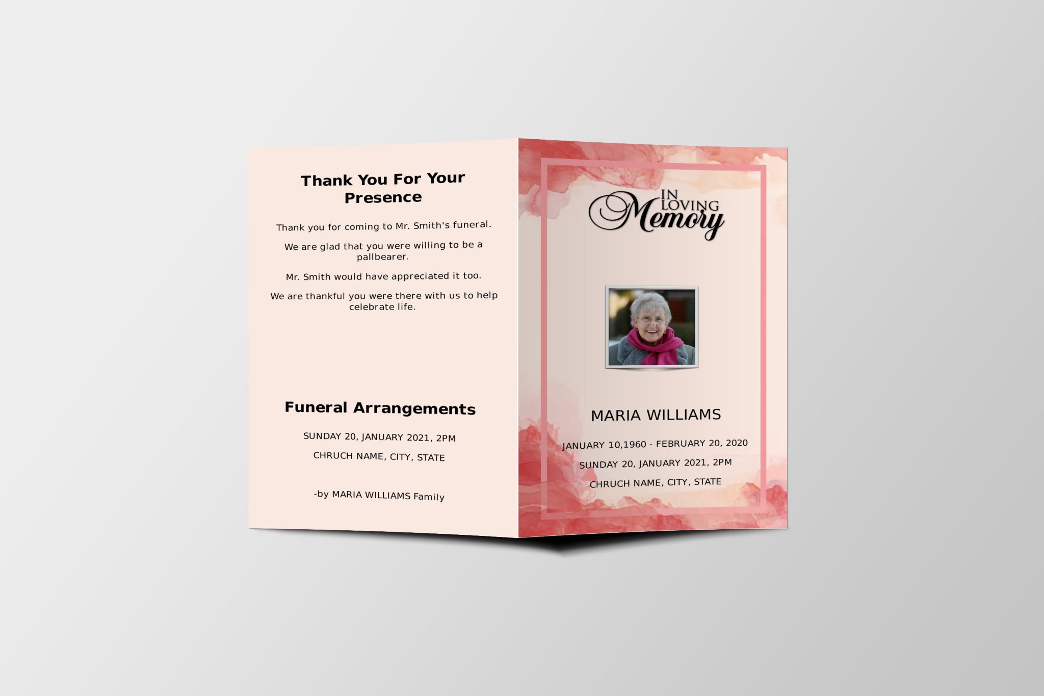 Pink Wind Funeral Program Template | QuickFuneral LLC