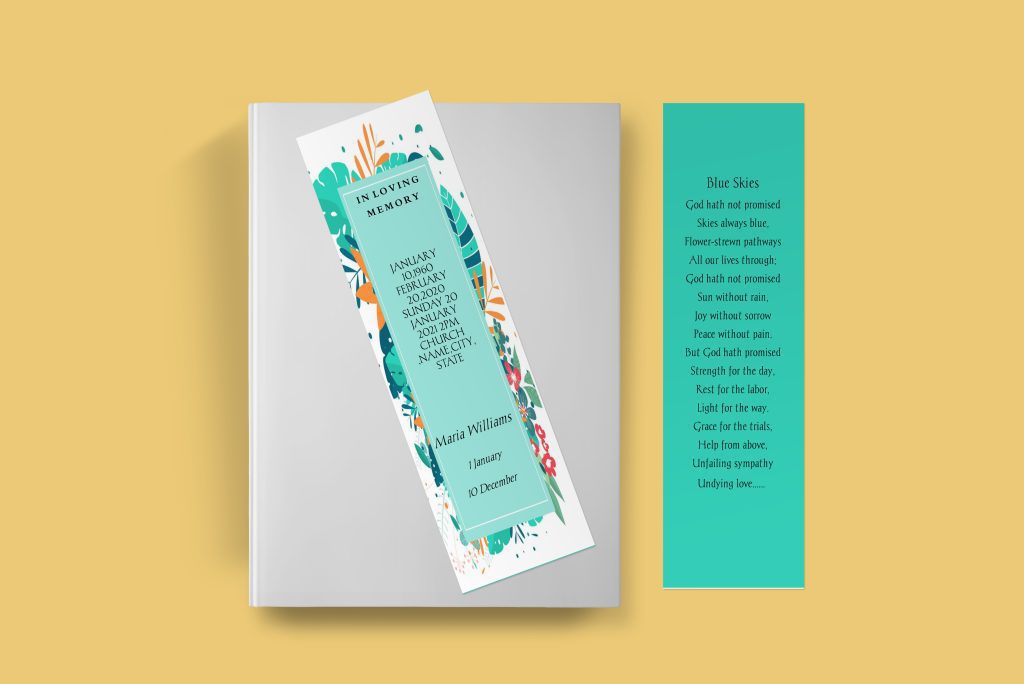 Green Plant Border Funeral Bookmark Template | QuickFuneral LLC