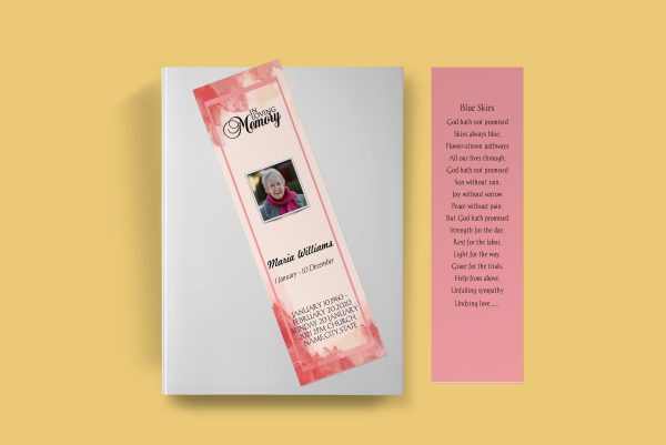 Pink Wind Funeral Bookmark Template front back page