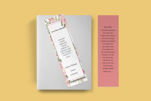 Painted Flowers Funeral Bookmark Template front back page