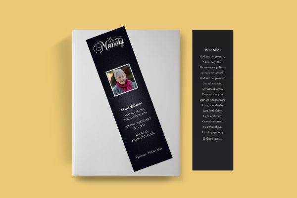 Matte Black Funeral Bookmark Template front back page