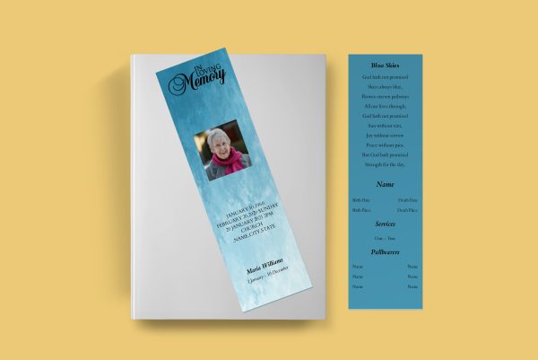 Impression Blue Funeral Bookmark Template front back page