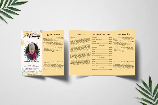 Spring Flowers Trifold Funeral Program Template front back Page