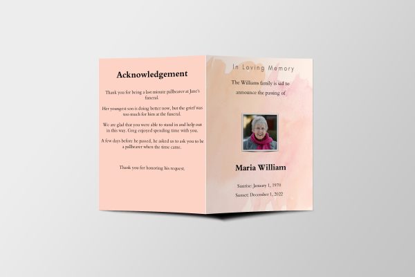 Pink Aesthetic Half Page Funeral Program Template front page