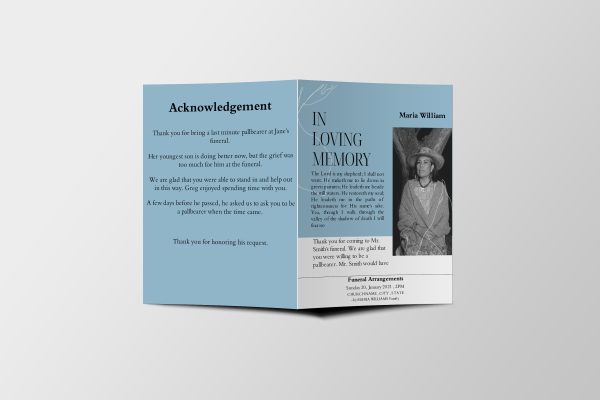 Blue Classy Magazine Style Half Page Funeral Program Template front page