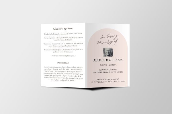 Blush Pastel arch Half Page Funeral Program Template front page