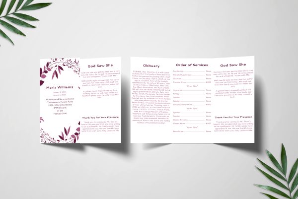 Maroon Wreath Memorial Service Trifold Funeral Program Template front inner page
