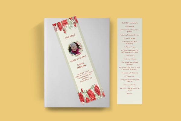 Green Floral Watercolor Funeral Bookmark Template front back Page