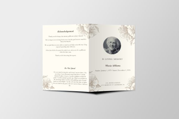 Cream Floral Hibiscus Illustration Half Page Funeral Program Template front page