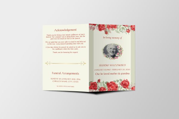 Green Floral Watercolor Funeral Program Template front page
