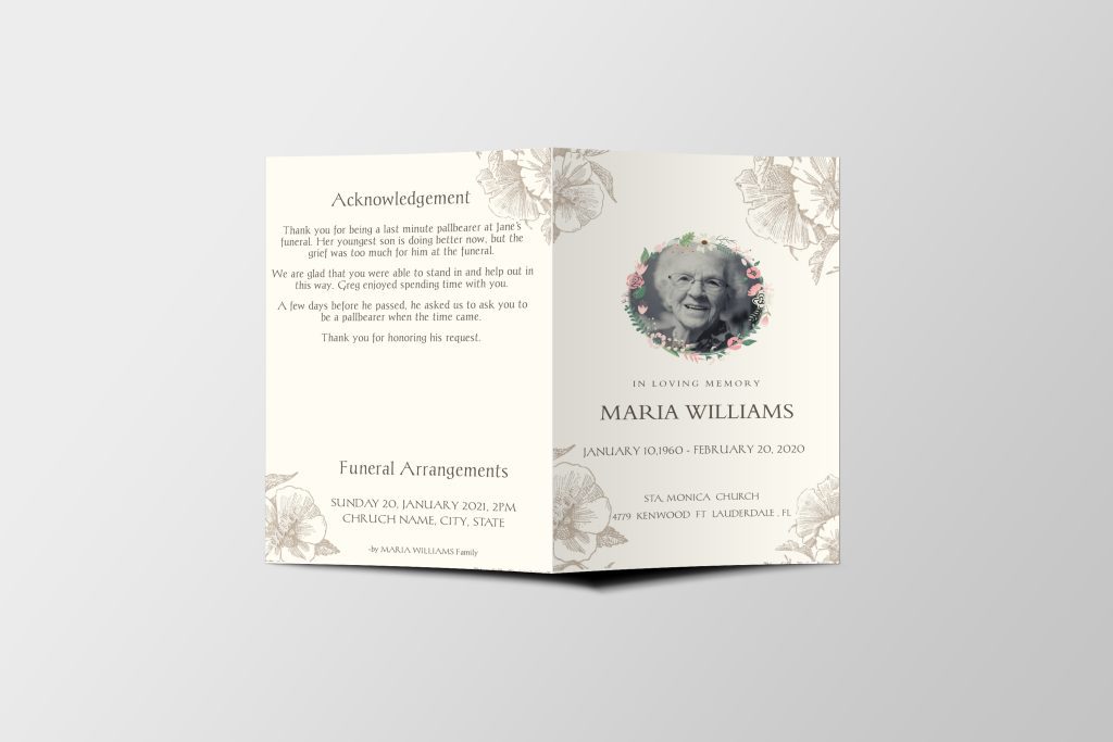 Cream Floral Hibiscus Illustration Funeral Program Template