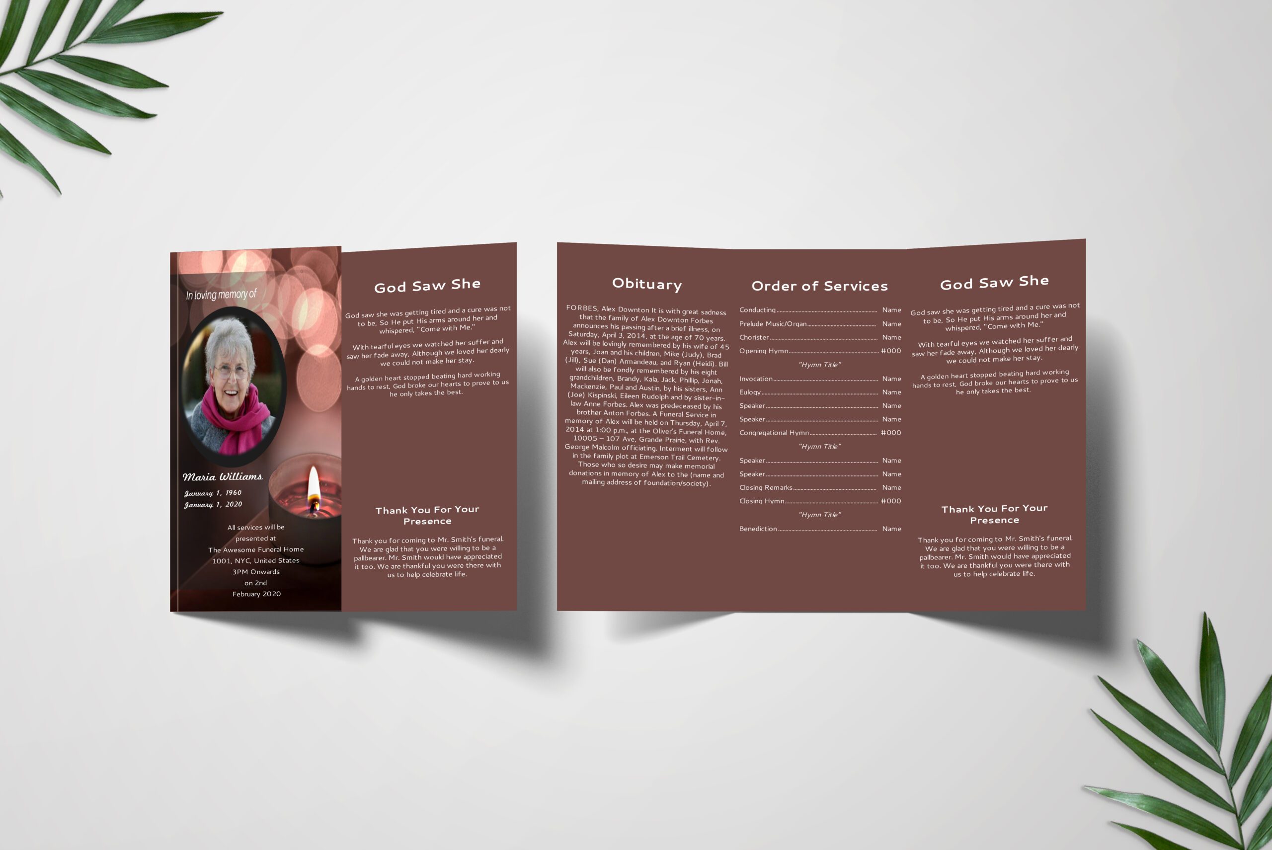 Black Candle Light Trifold Funeral Program Template front inner page
