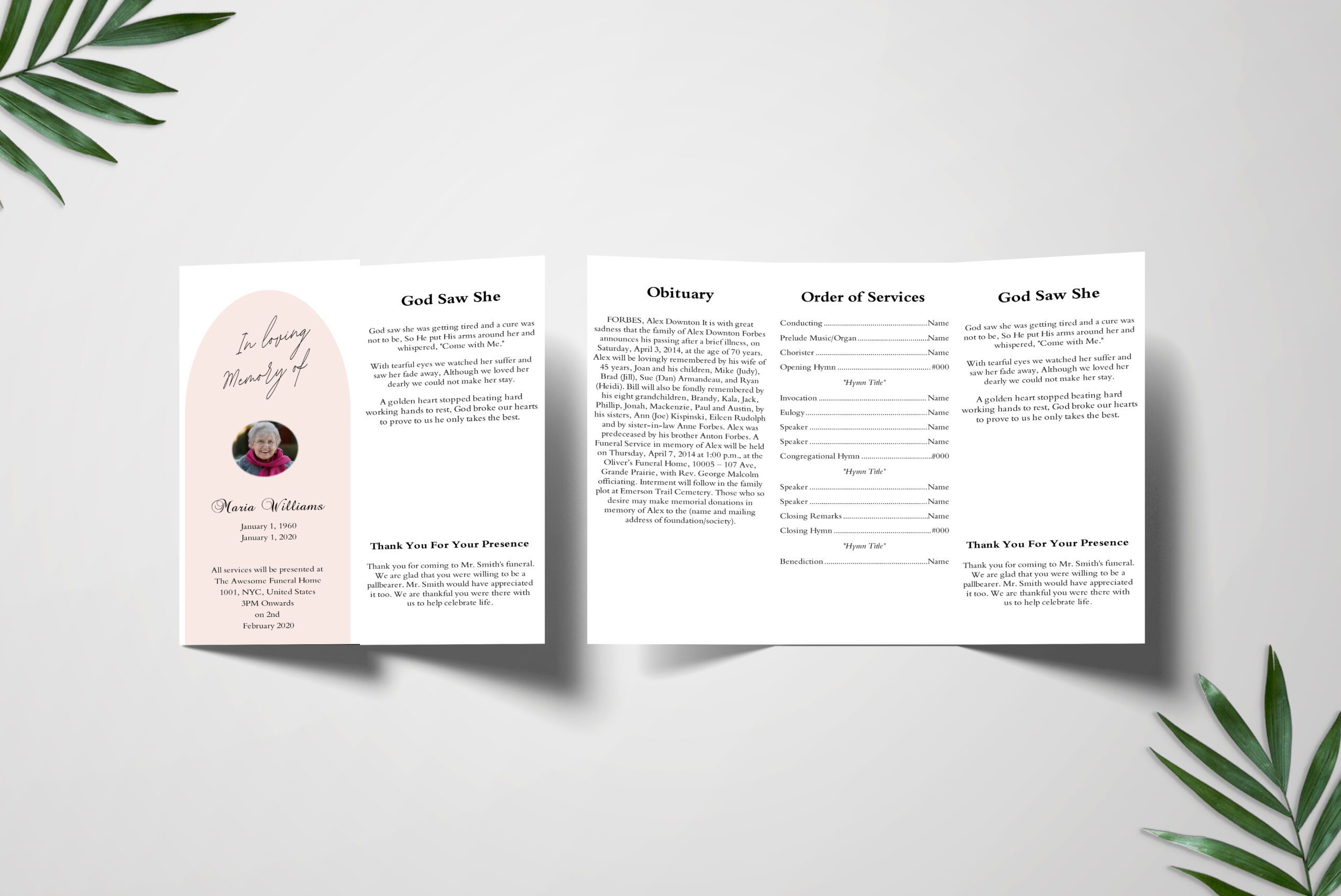 Blush Pastel Arch Trifold Funeral Program Template front inner page
