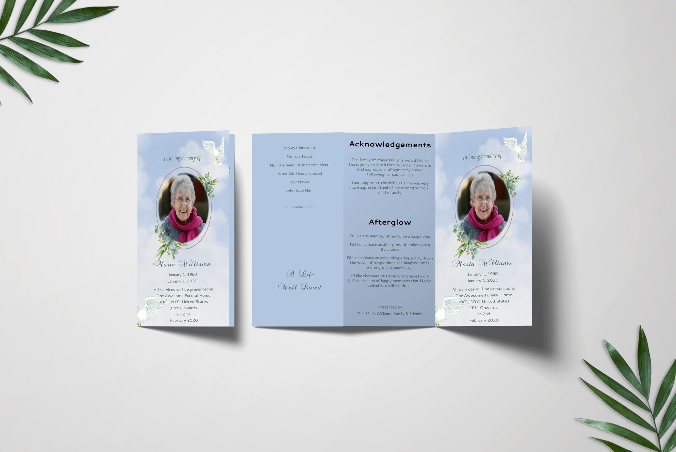 Doves In The Sky Trifold Funeral Program Template
