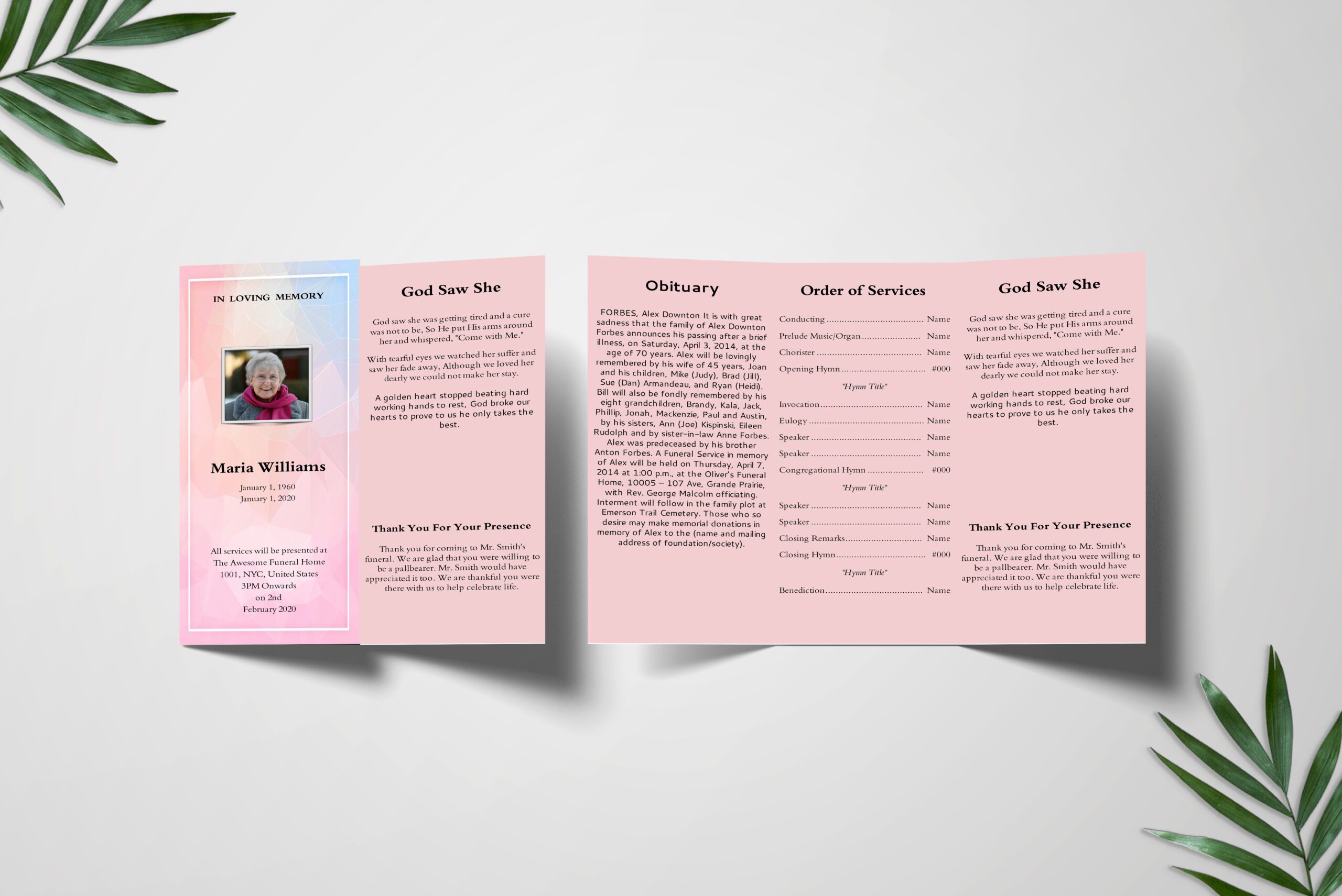 Dreamy Pink Women Special Trifold Funeral Program Template front inner page