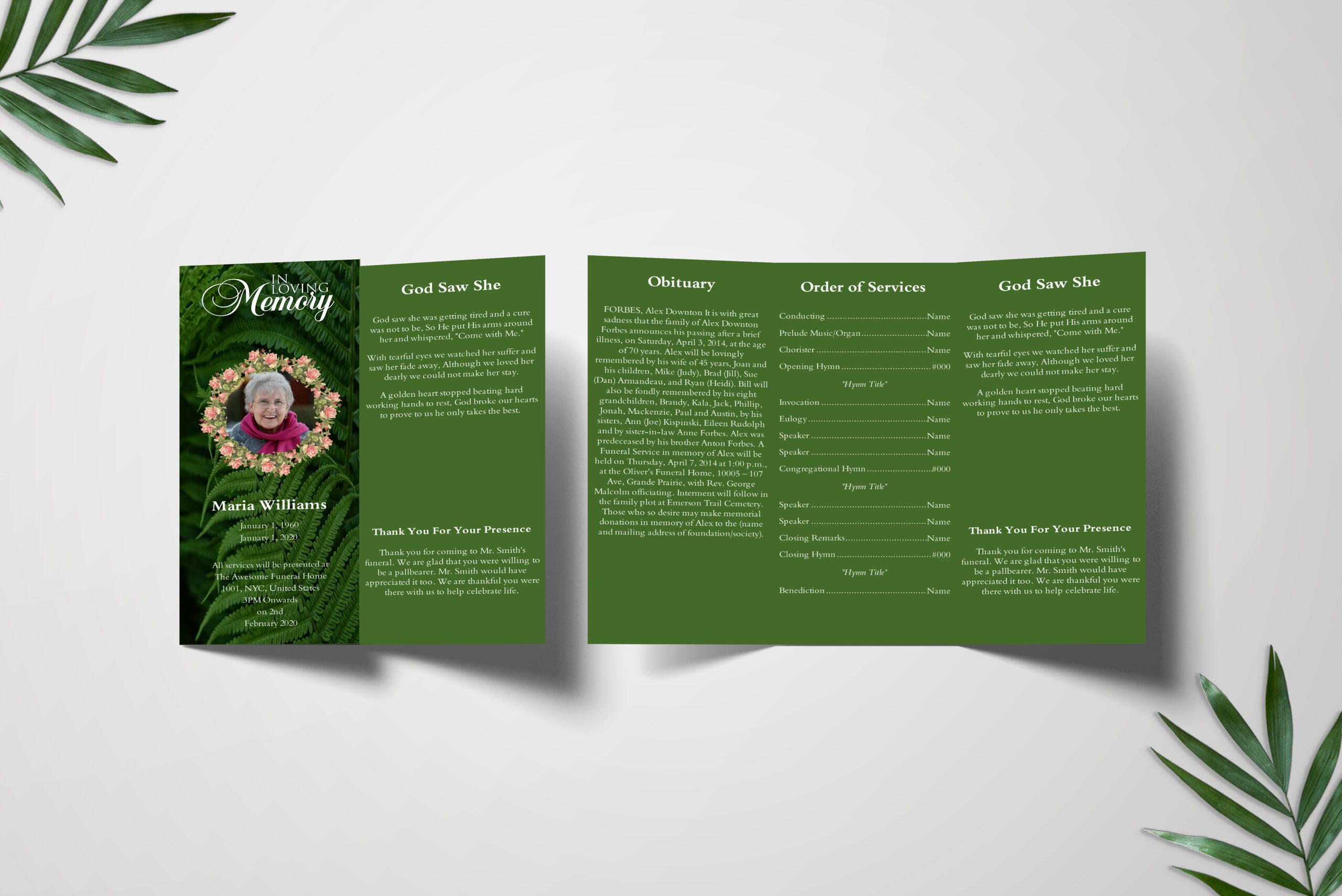 Fern Trifold Funeral Program Template front inner page