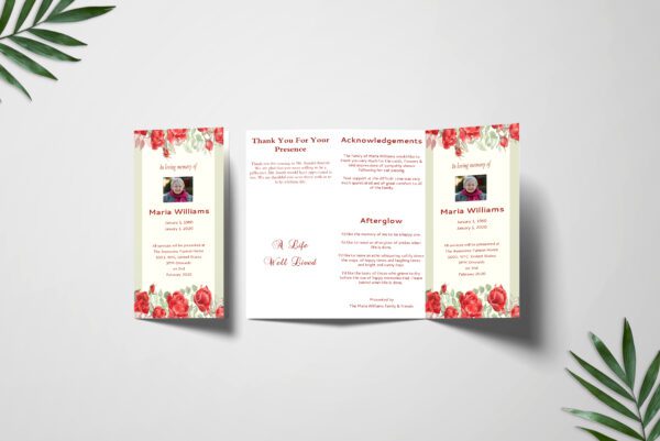 Green Floral Watercolor Trifold Funeral Program Template