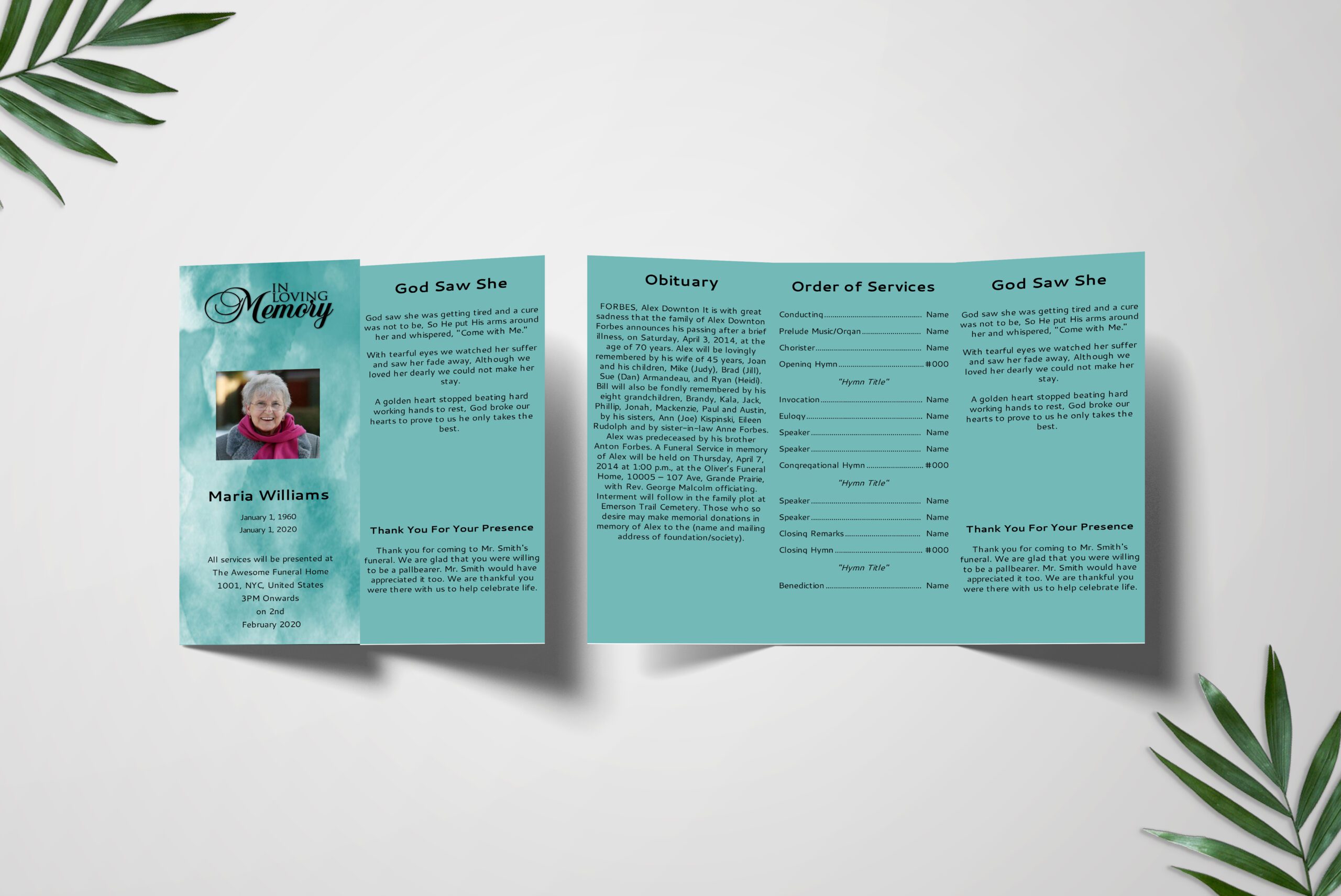 Light Green Trifold Funeral Program Template front inner page