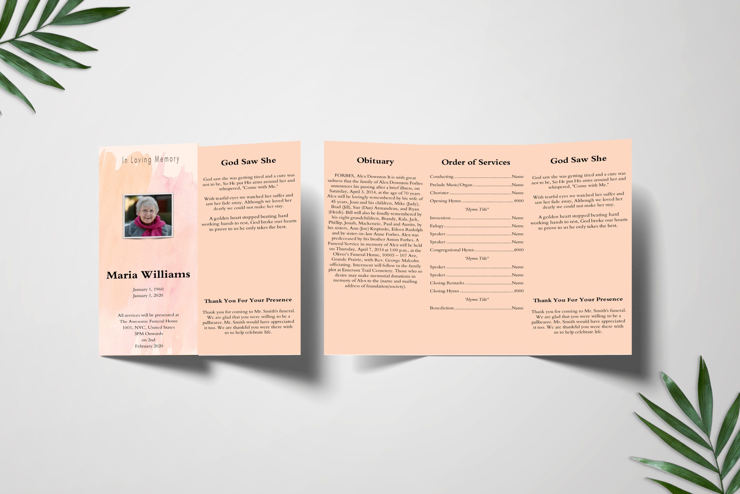 Pink Aesthetic Trifold Funeral Program Template front inner page