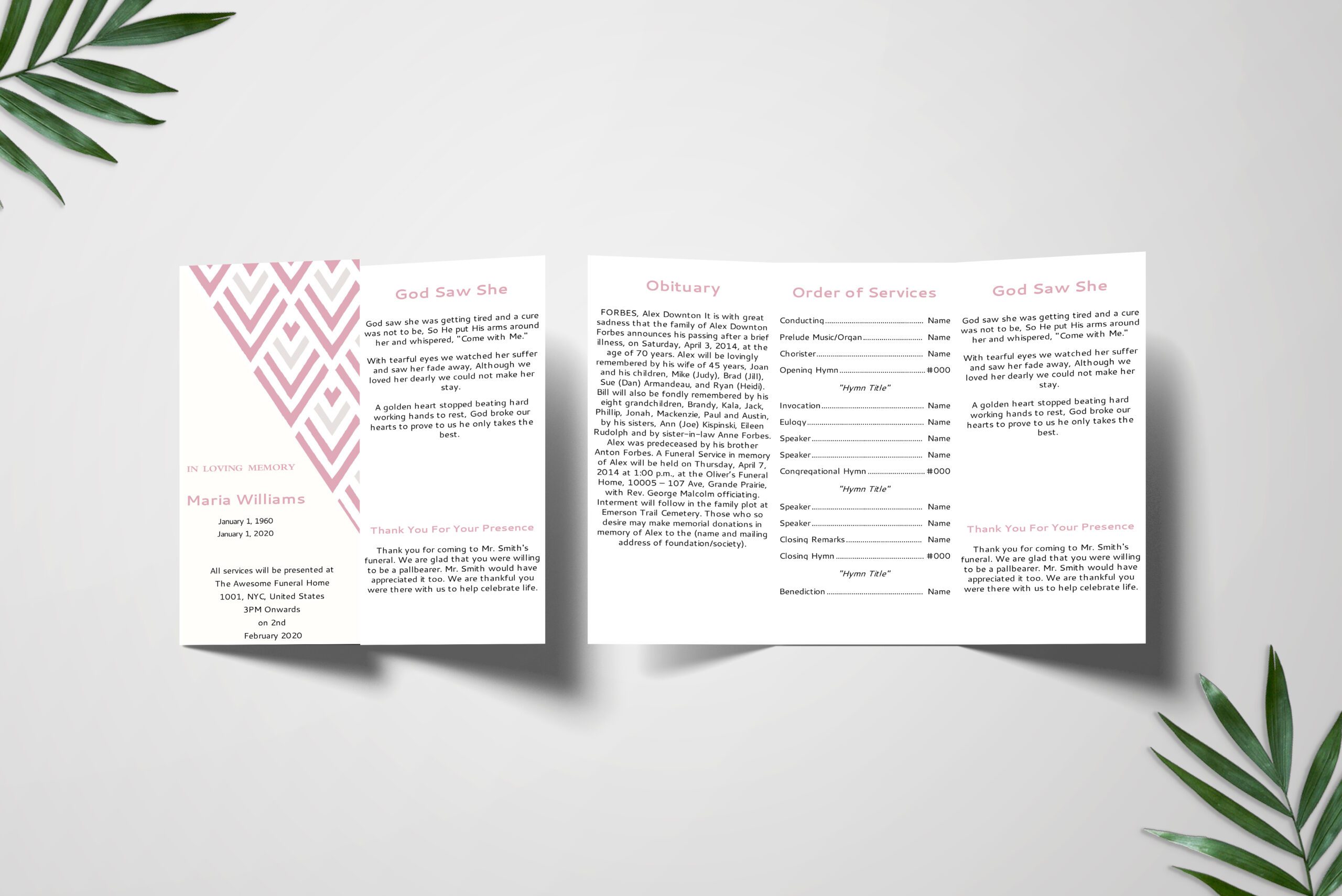Pink Pattern Trifold Funeral Program Template front inner page