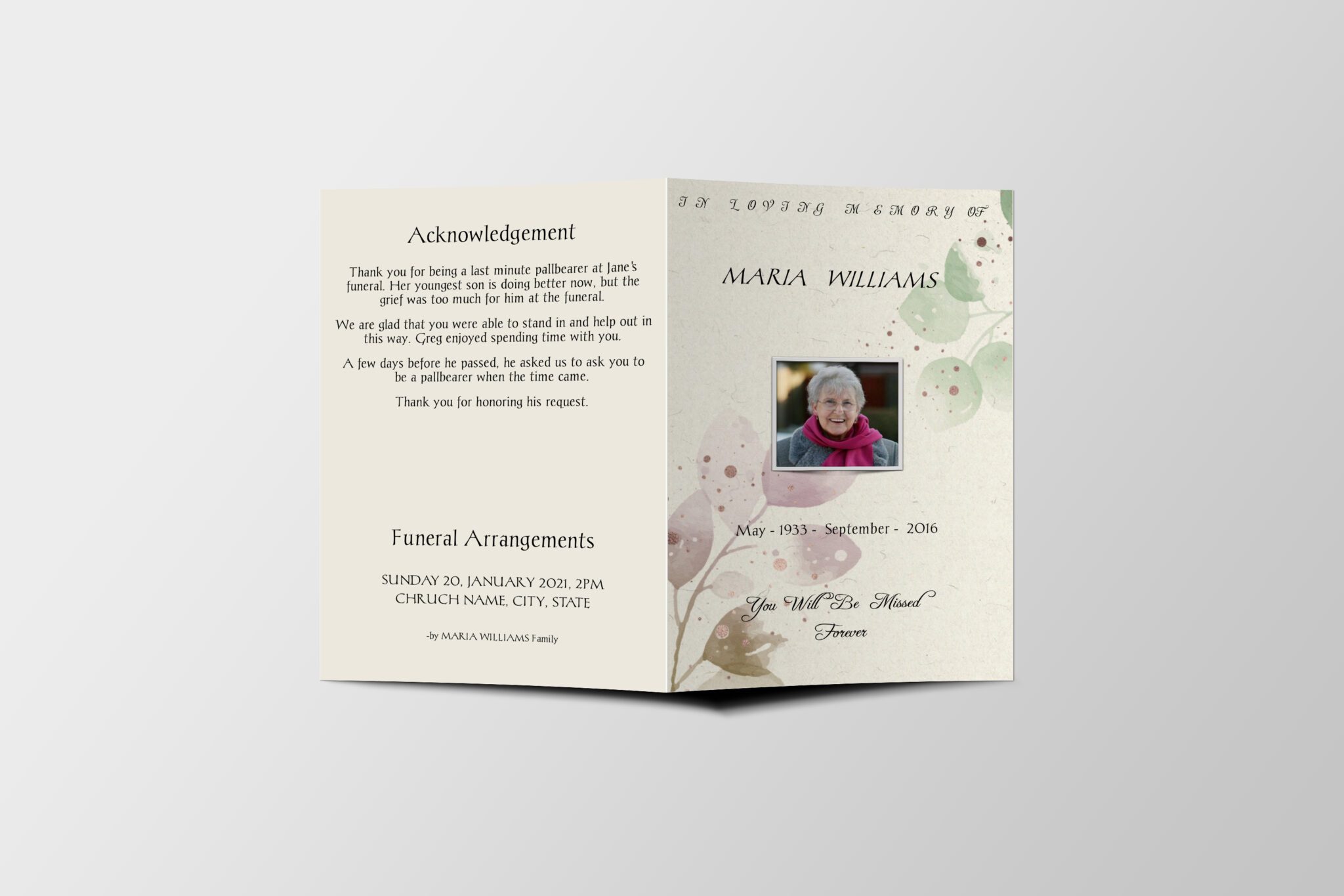 Beige Watercolour Flower Death Announcement