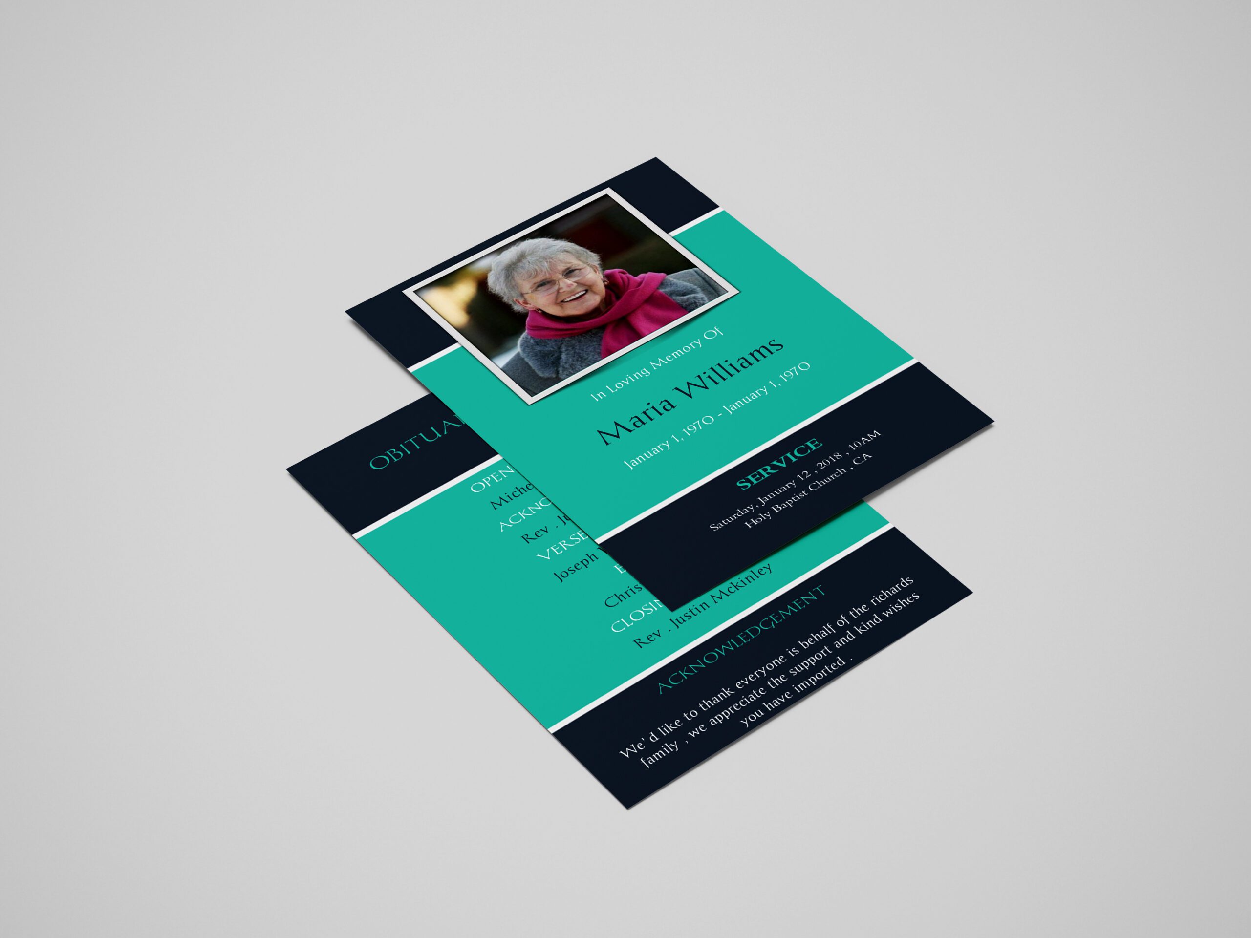 Blue and Green Bordered Photo Funeral Flyer Template front back page