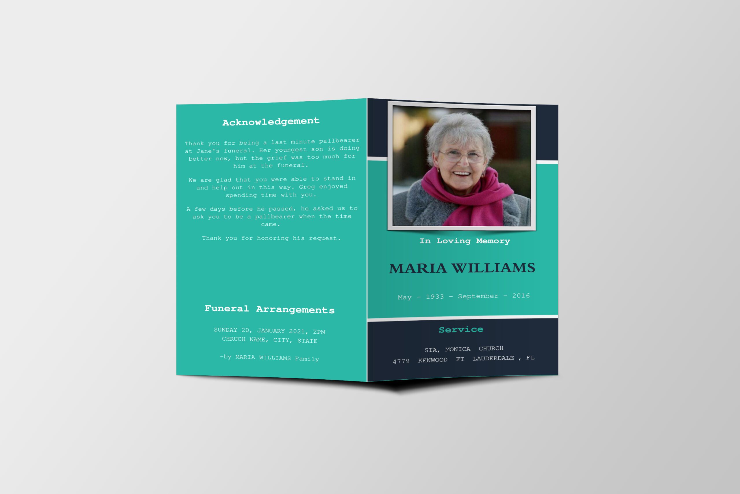 Blue and Green Bordered Photo Funeral Program Template front page