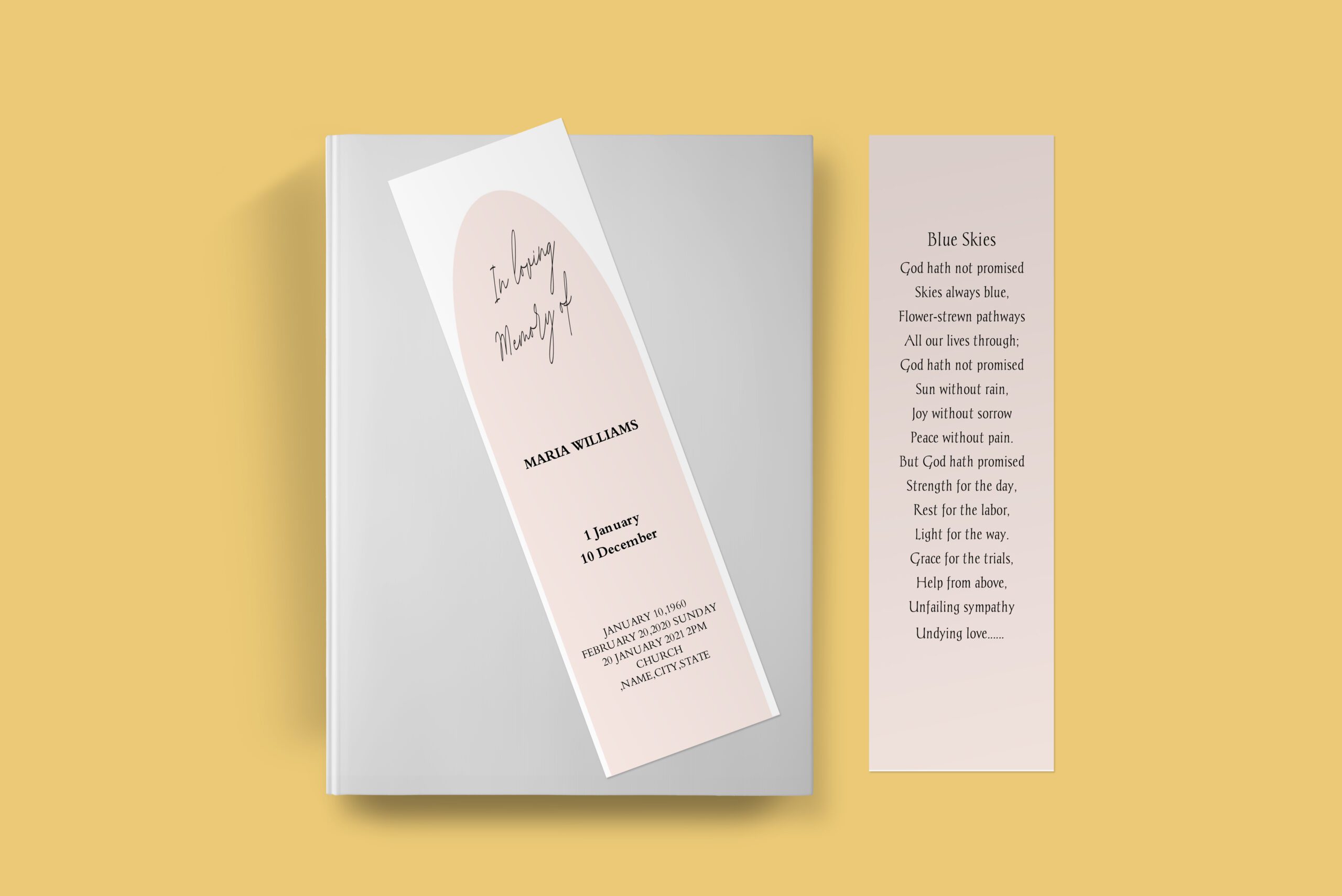 Blush Pastel arch Funeral Bookmark Template front back page