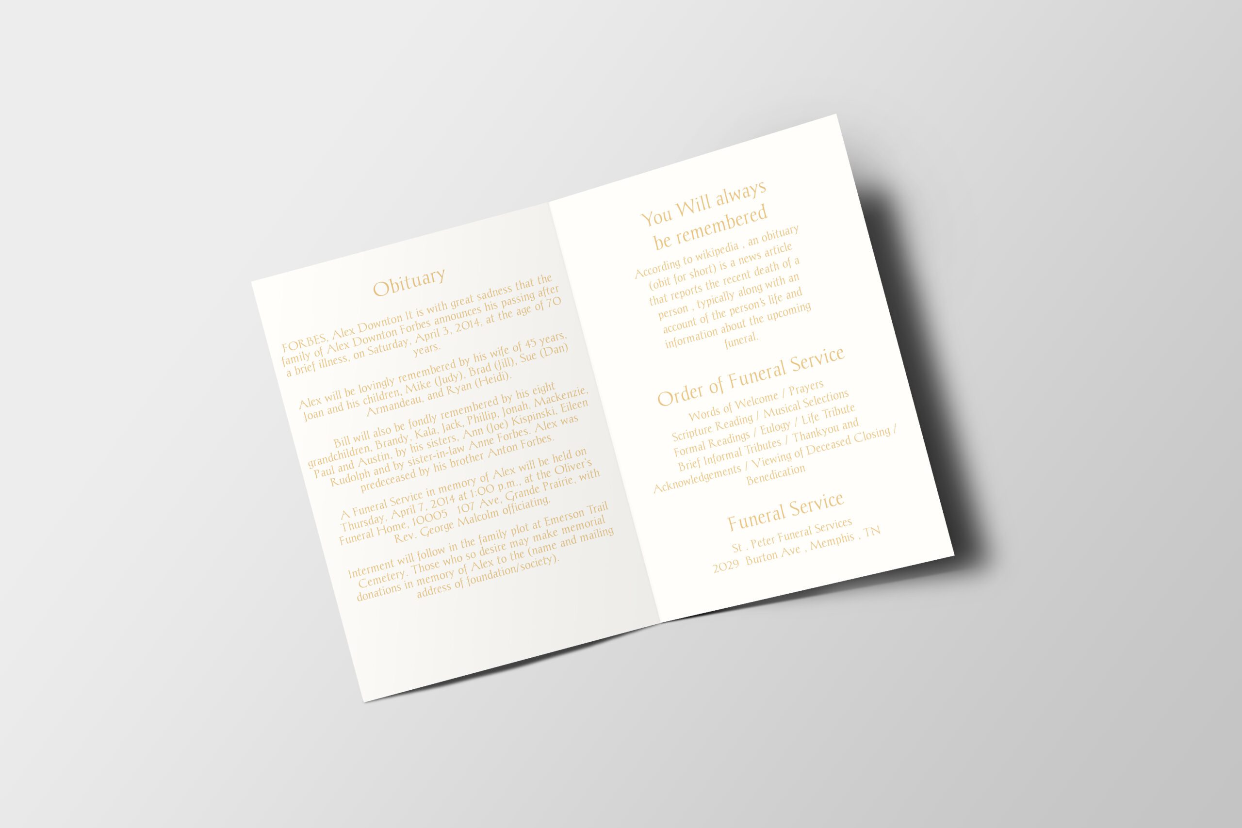 Monochromatic Beige Death Announcement Funeral Program Template inner page
