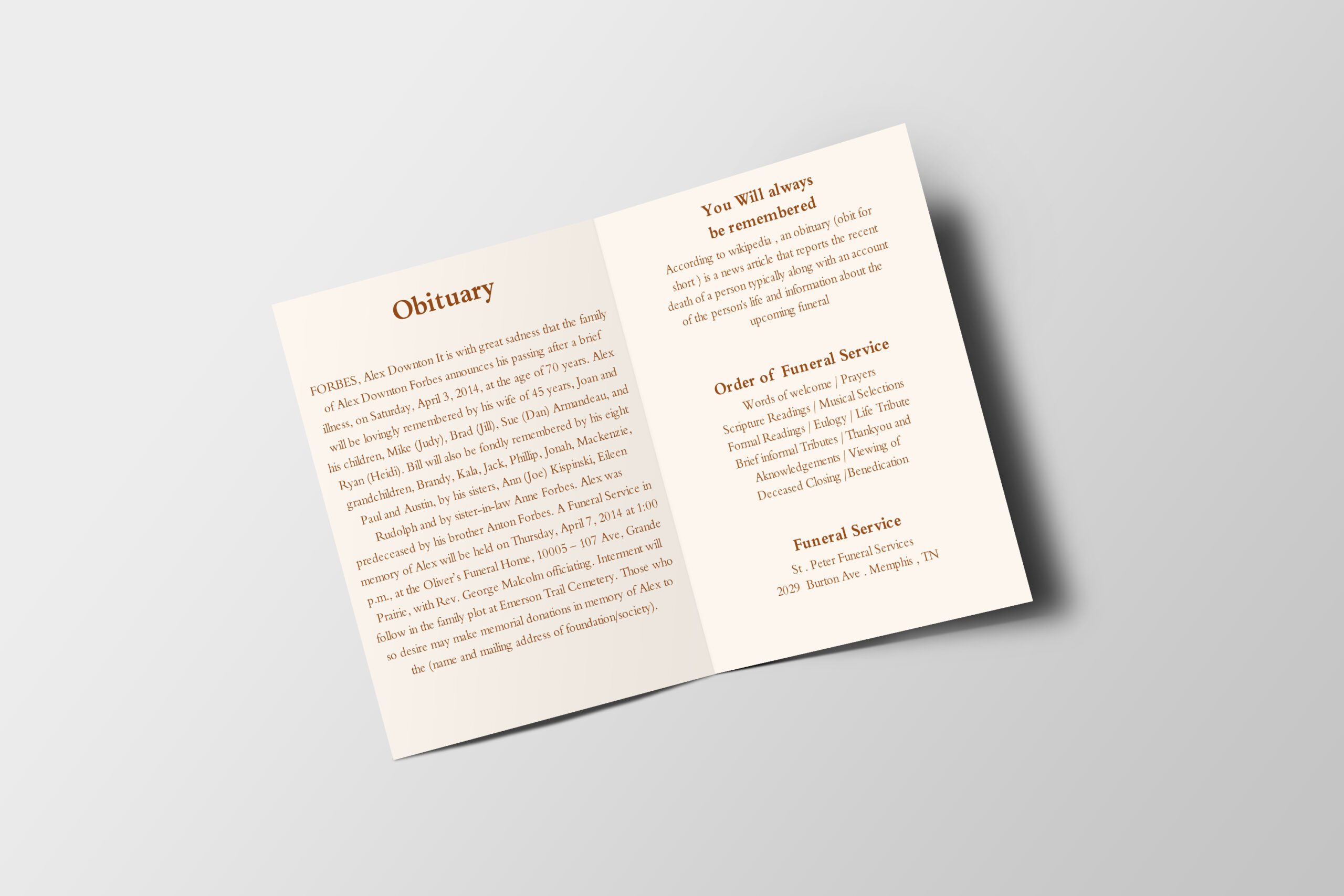 Monochromatic Beige Death Announcement Half Page Funeral Program Template inner page