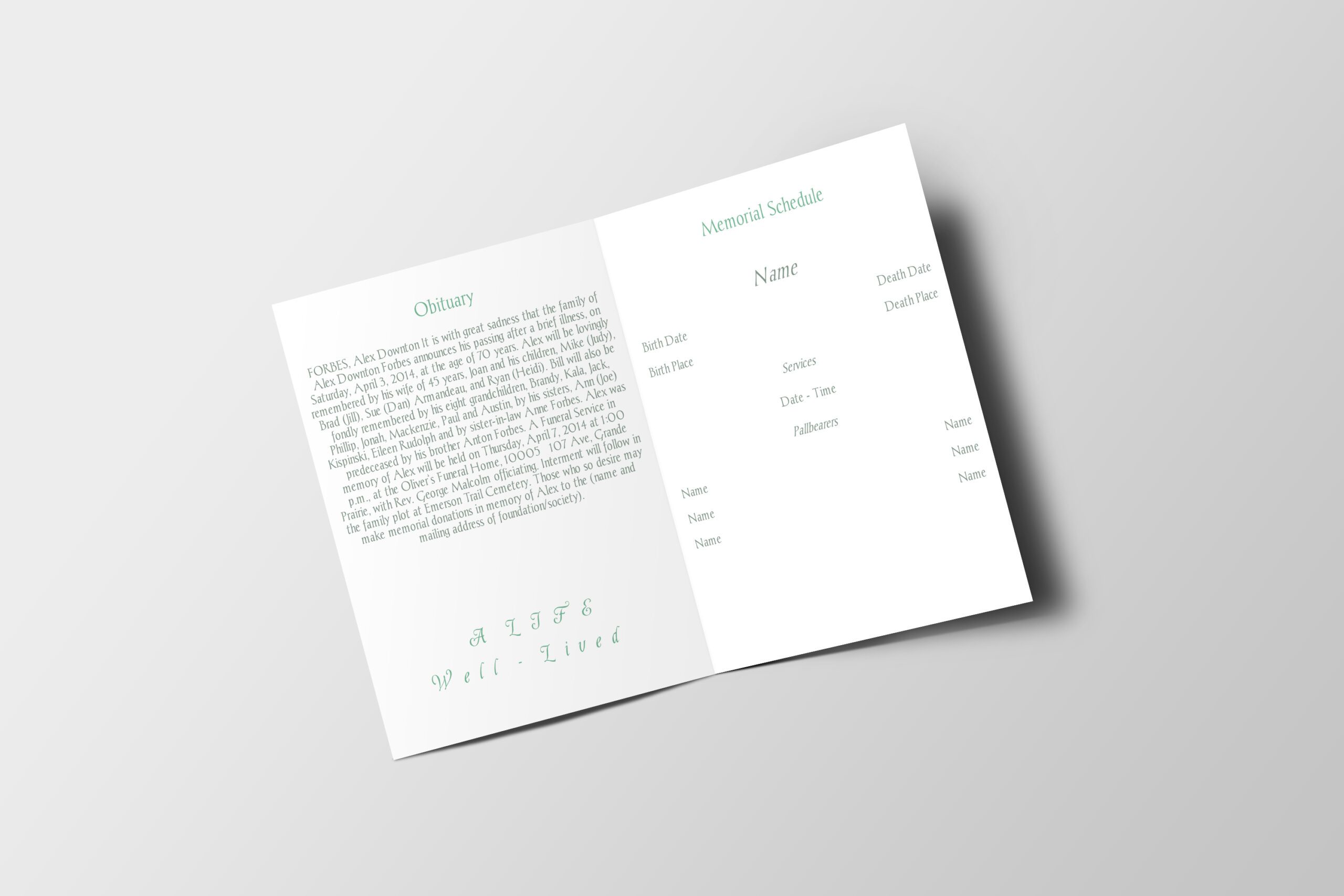 Green Cross Half Page Funeral Program Template inner page