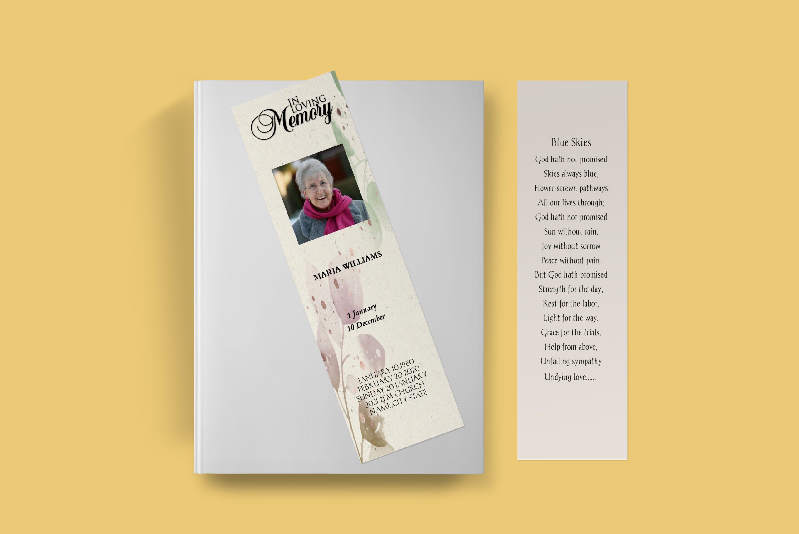 Beige Watercolour Flower Death Announcement Funeral Bookmark Template front back page