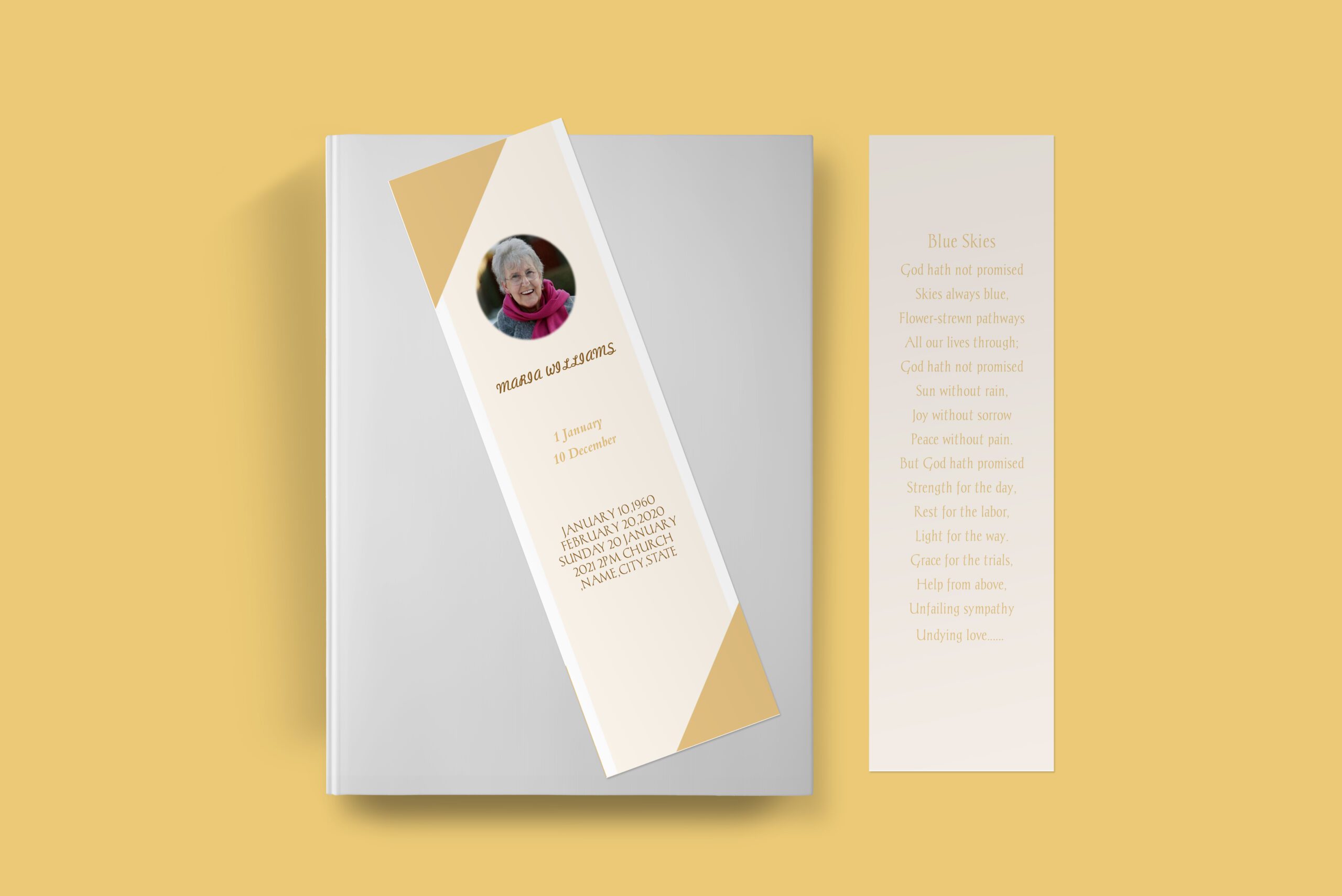 Monochromatic Beige Death Announcement Funeral Bookmark Template front back Page