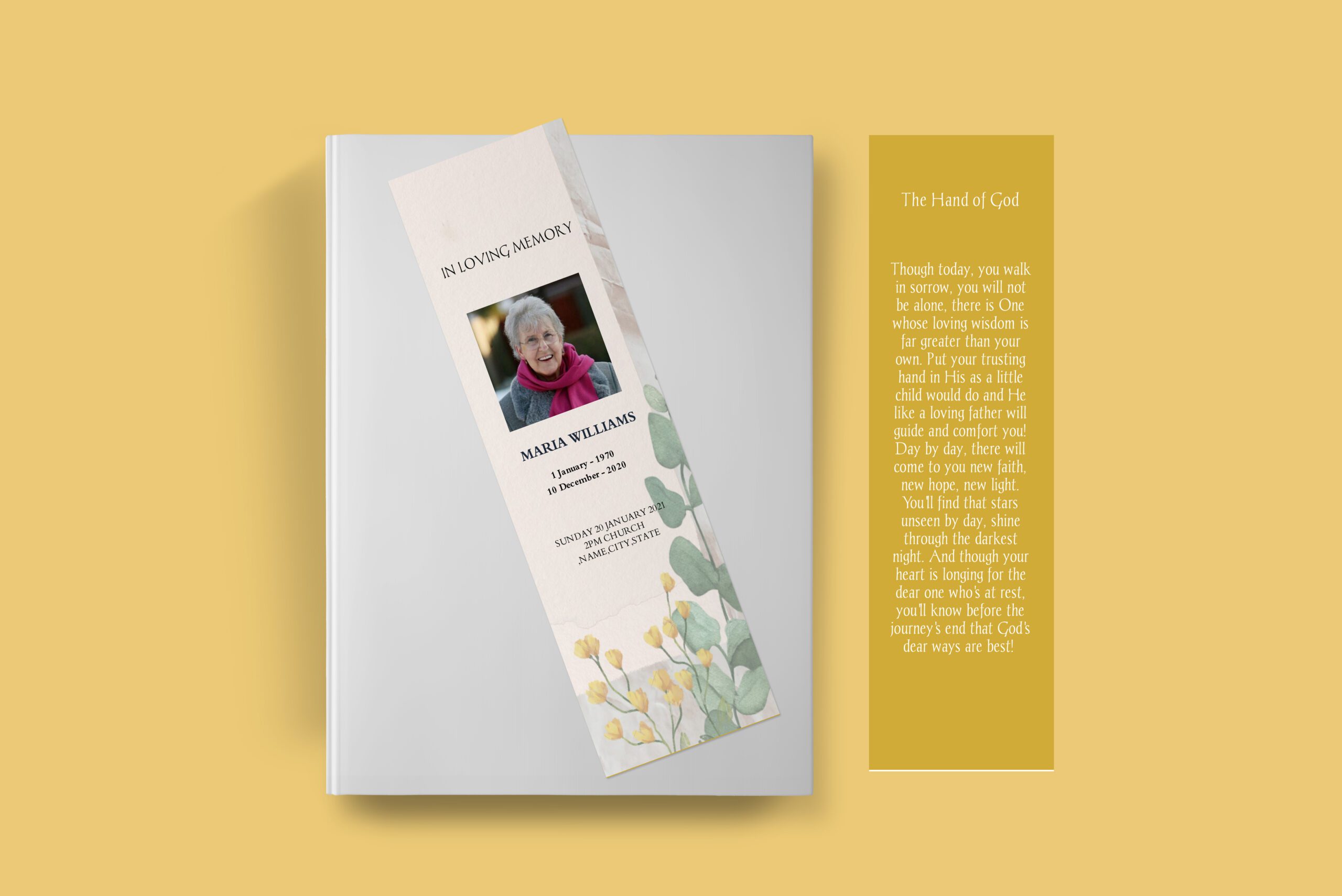 Beige Watercolor Flower Death Announcement Bookmark Program front back page