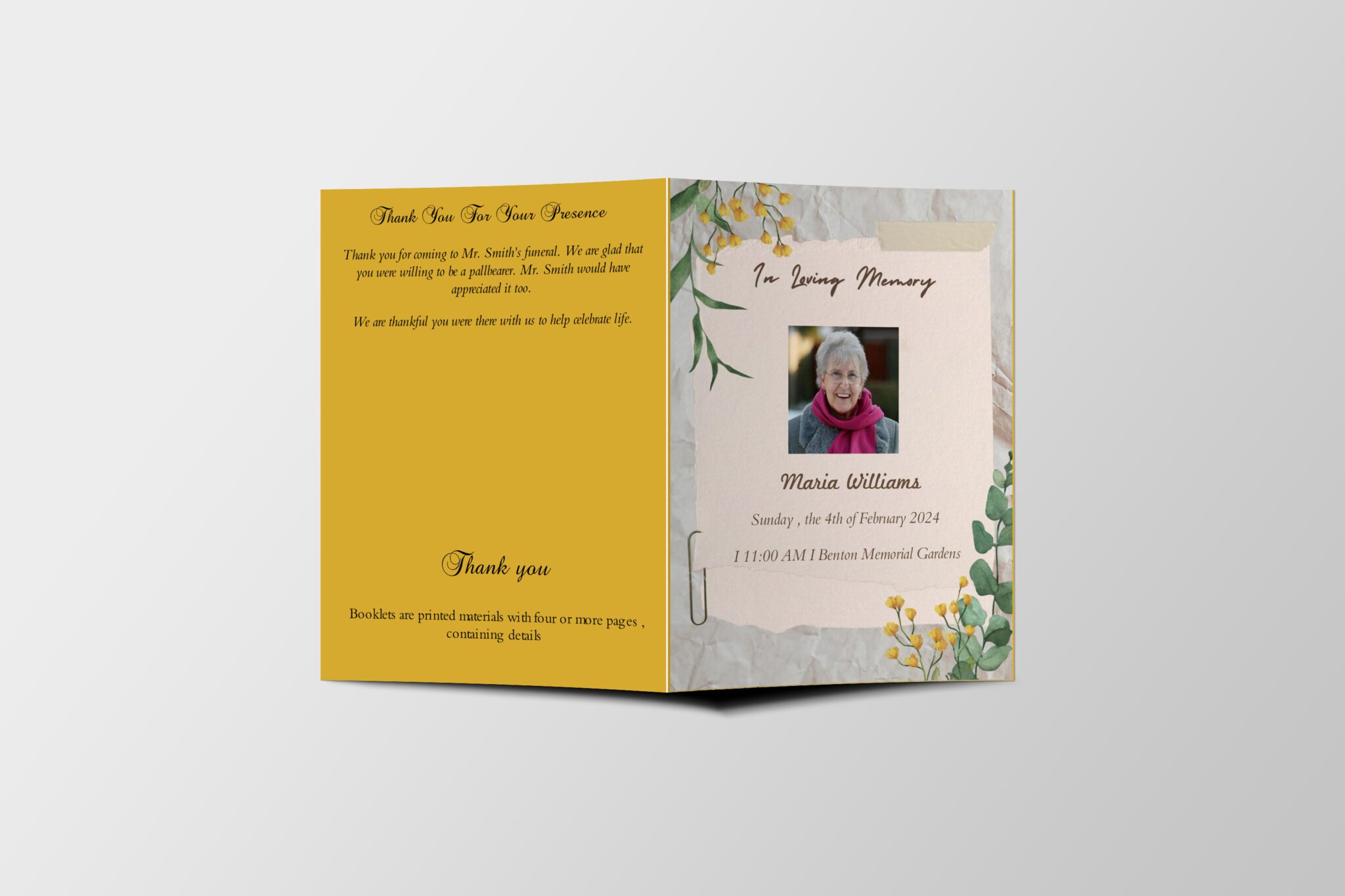 Beige Watercolor Flower Death Announcement Small Size Program Half Page