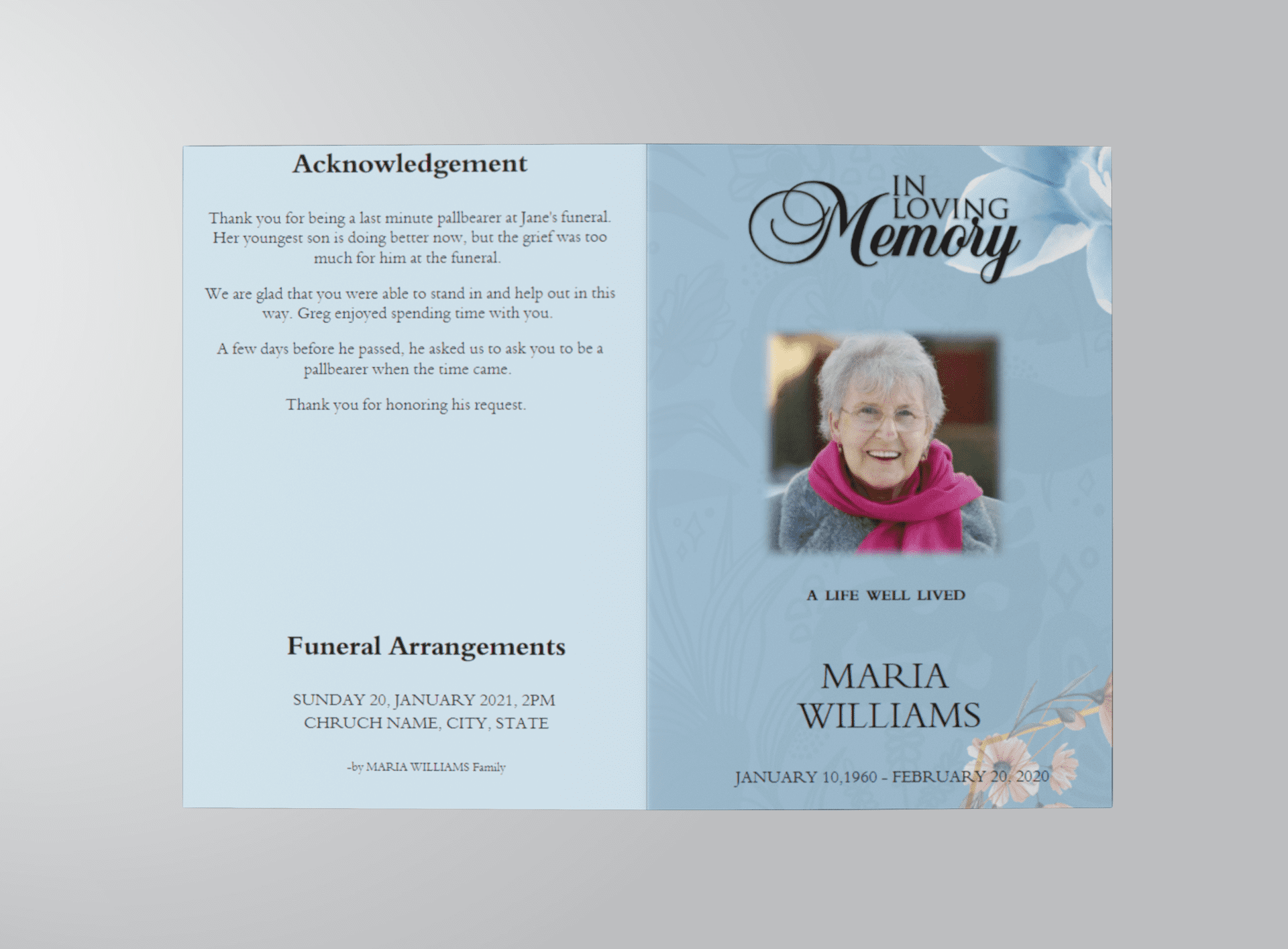 Blue and Pink Floral Funeral Program Template front cover