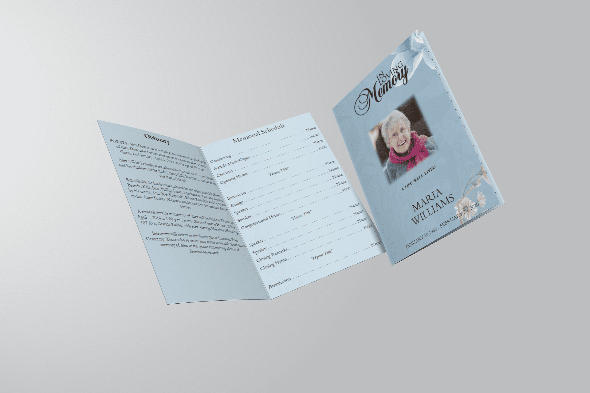Blue and Pink Floral Funeral Program Template inside view