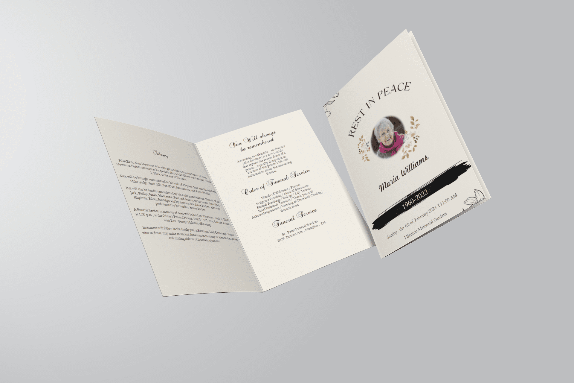 Floral Rest in Peace Funeral Program Template inside view