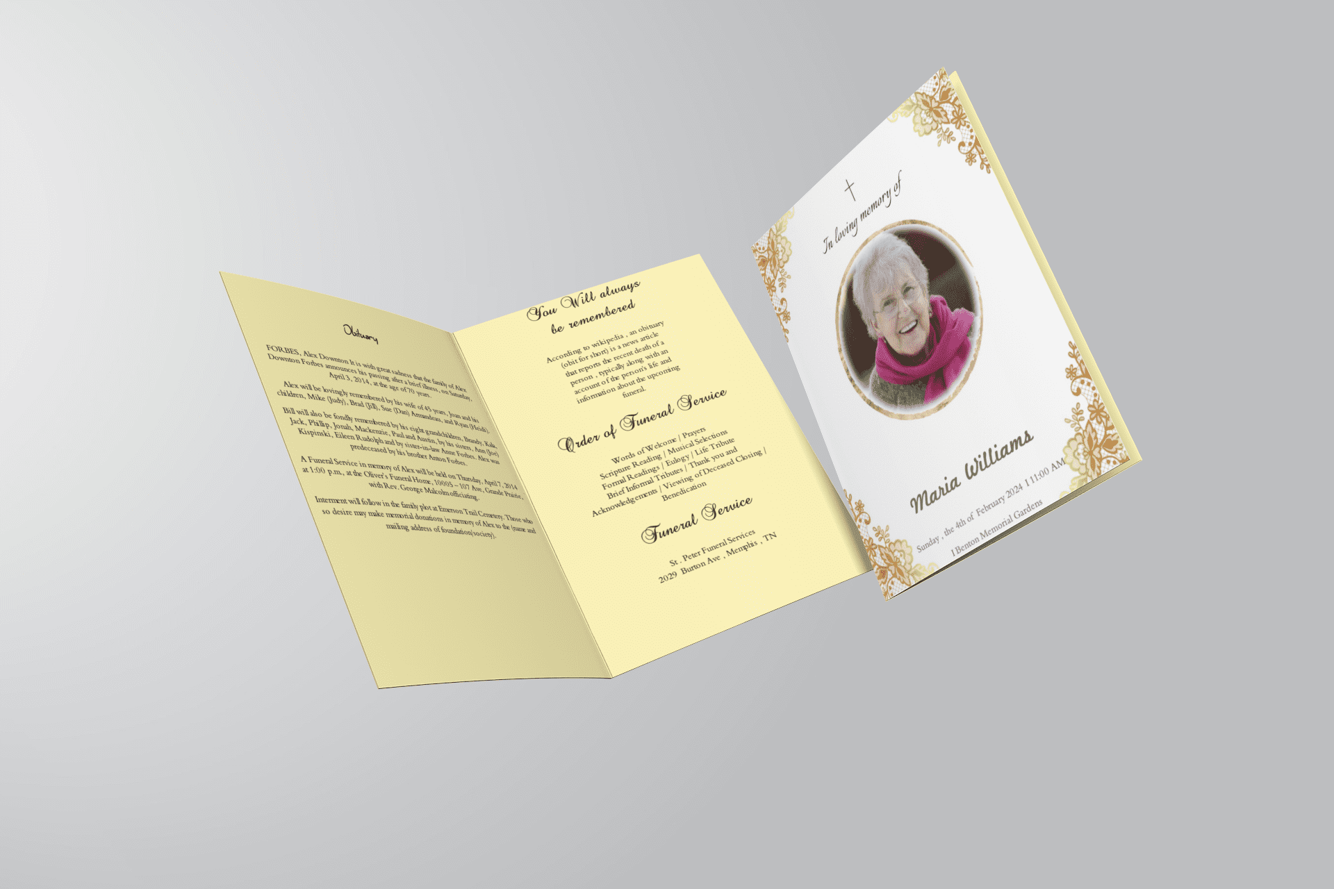 Golden Minimalist Obituary Funeral Program Template Inside View