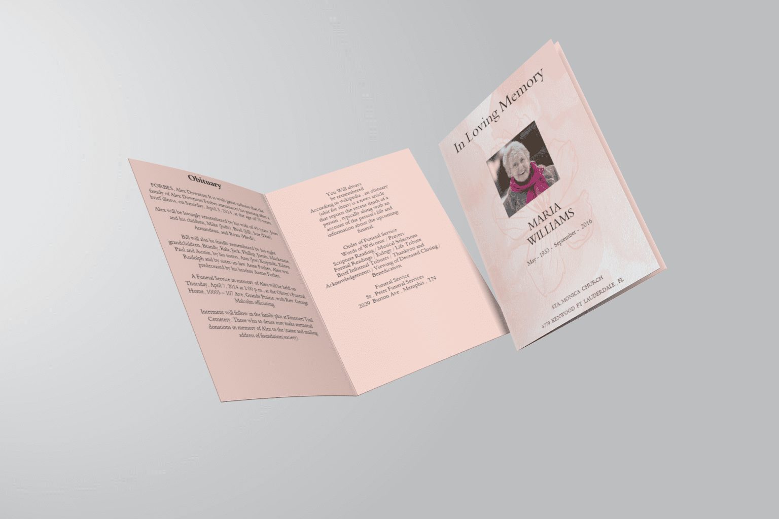 Pink Floral Paper Funeral Program Template