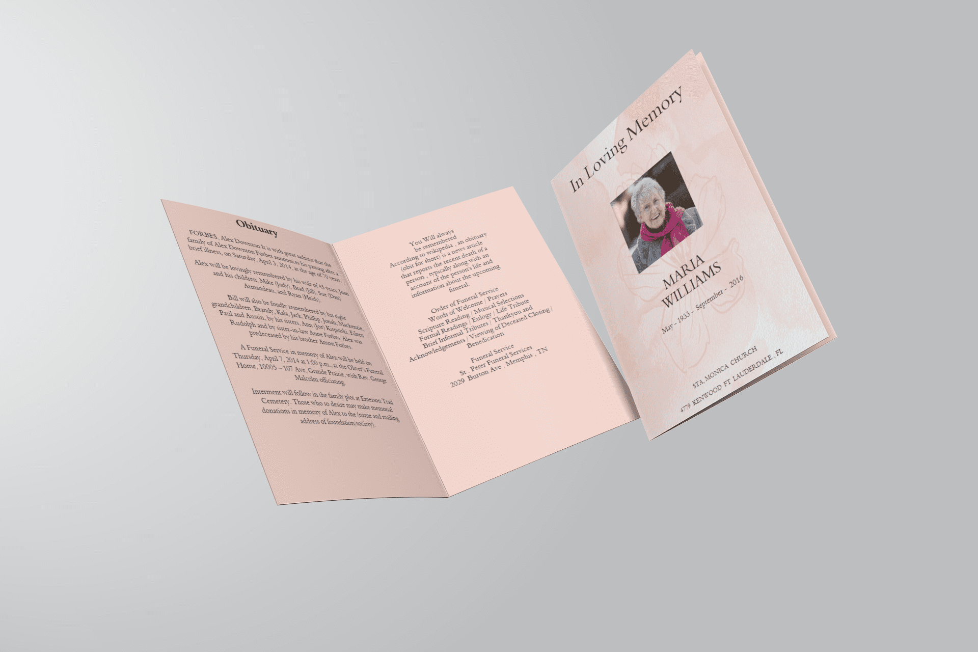 Pink Floral Paper Funeral Program Template inside view