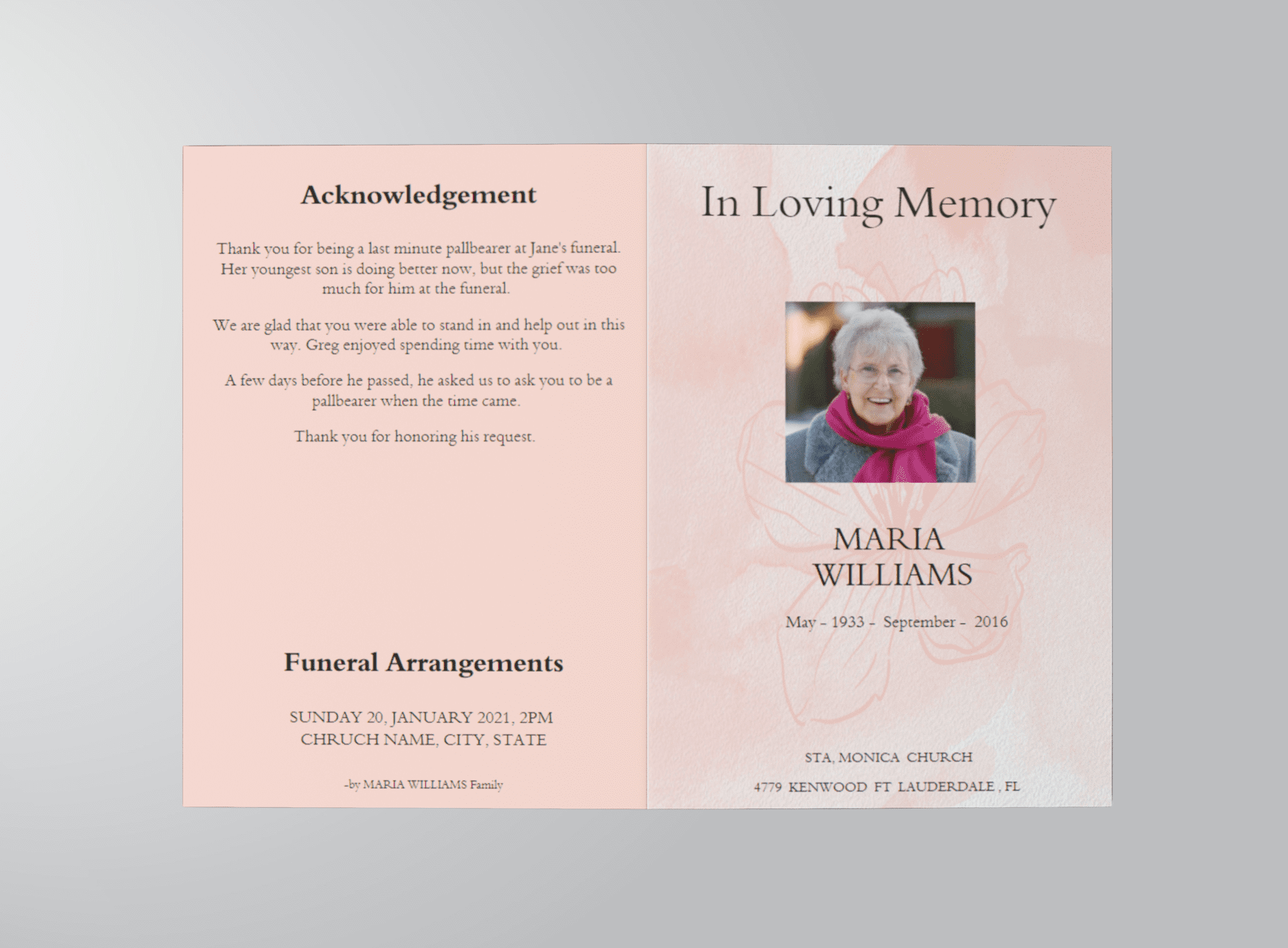 Pink Floral Paper Funeral Program Template outside view