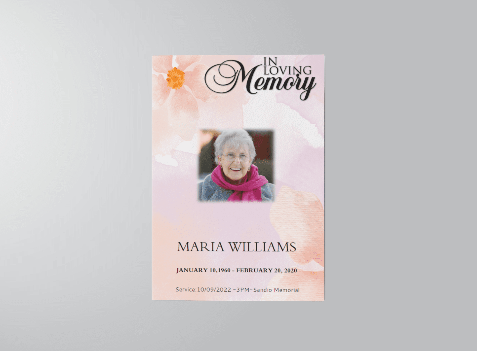Pink and Orange Watercolour Funeral Program front left