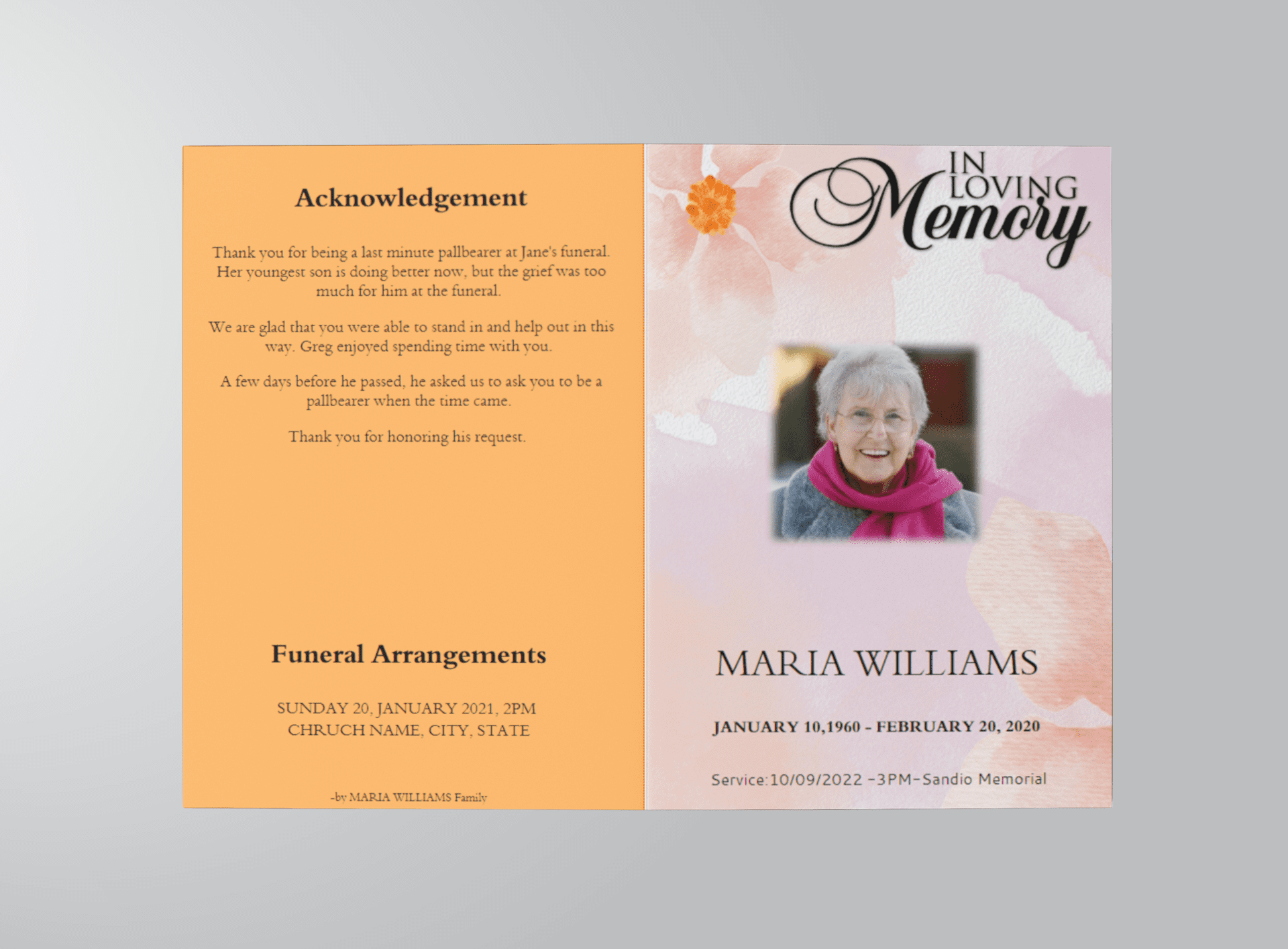 Pink and Orange Watercolour Funeral Program outside view