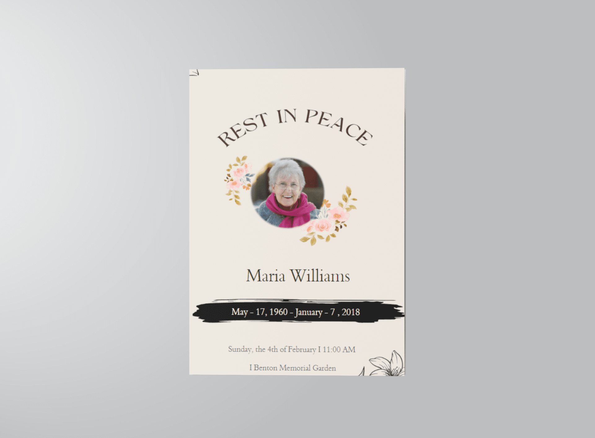 Floral Rest in Peace Half Page Funera Program Template Front Left