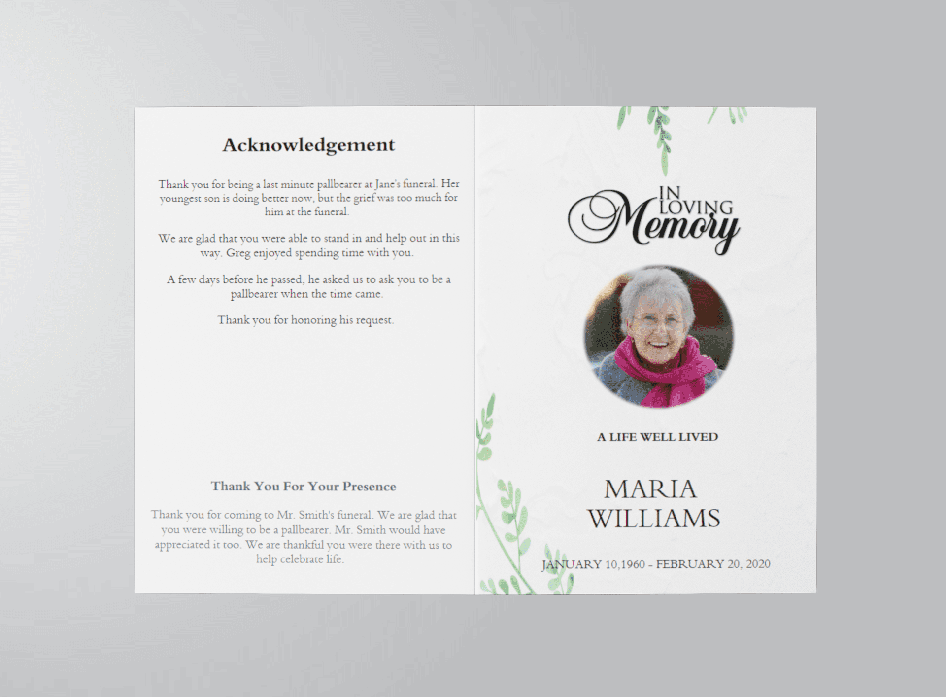 Green Natural Funeral Program Template outside view