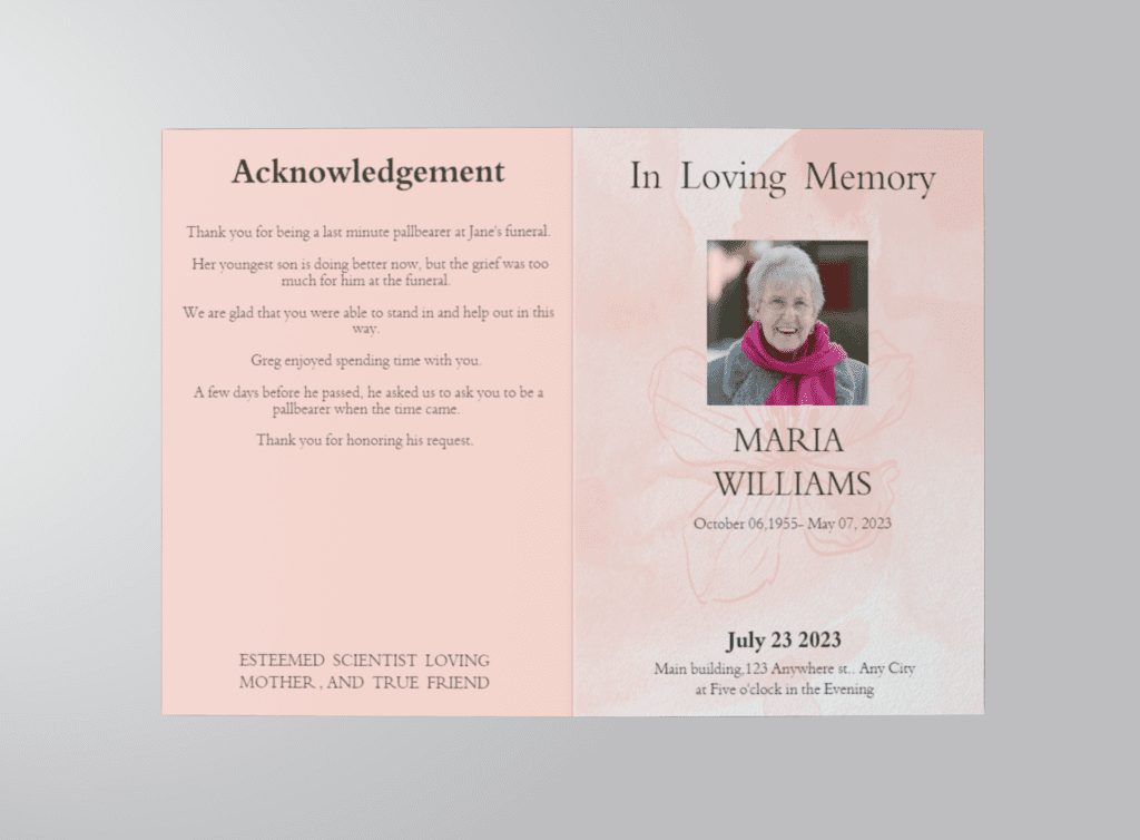 Pink Floral Paper Half Page Funeral Program Template